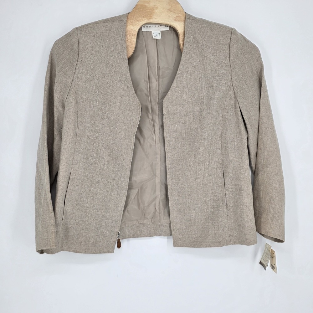 Doncaster Linen Jacket Full Zip Pocket Beige Natural Color Womens 16 USA Vintage